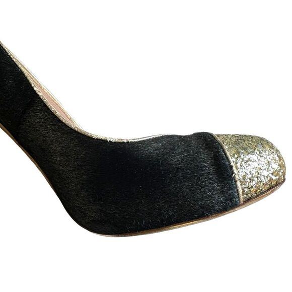 Miu Miu Black/Gold Calf Hair And Coarse Glitter Cap-Toe Block Heel Pumps Size 40 - Picture 7 of 14